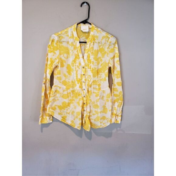 Anthropologie Maeve Yellow Floral Pintuck Peplum Blouse Size 4 - Picture 5 of 8